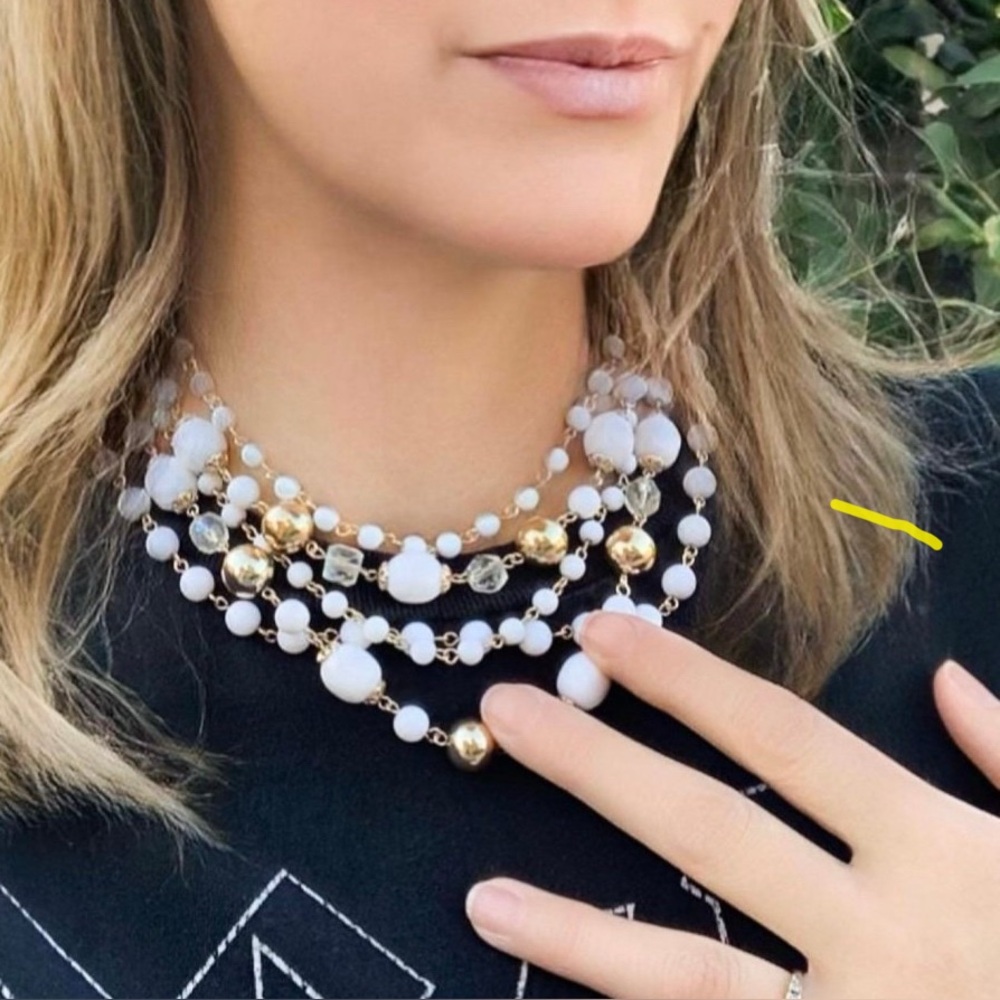 Vintage 5 Strand Retro Gold & White Beaded Necklace
